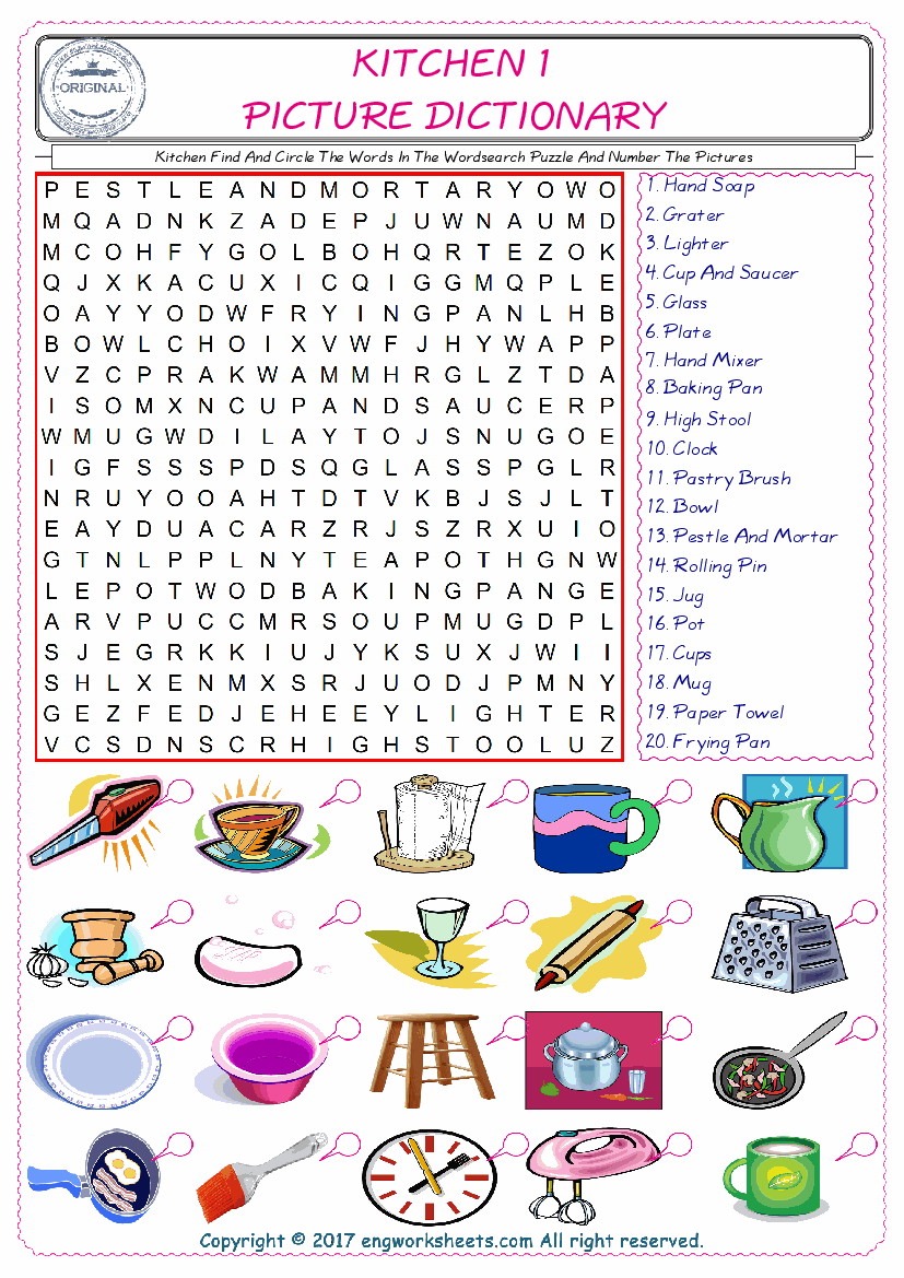  ESL wordsearch worksheets for kids, find Kitchen words in the word wordsearch write its number on its picture English worksheet. 